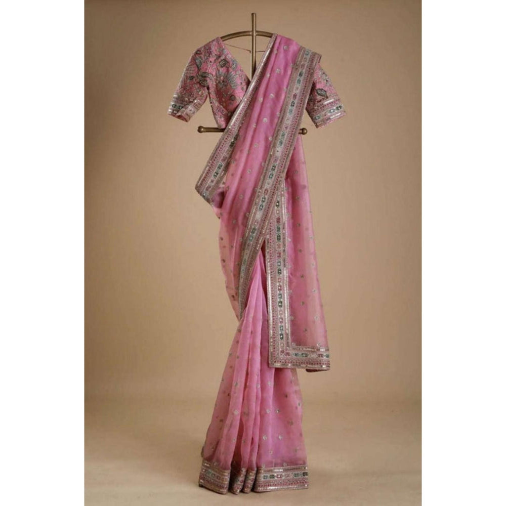 Isadora Life Womens Embroidered Sequined Pink Pre-Draped Saree With Unstitched Blouse