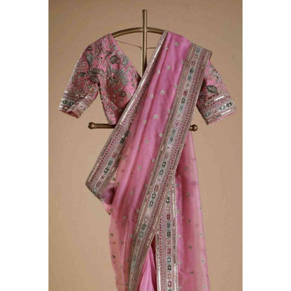 Isadora Life Womens Embroidered Sequined Pink Pre-Draped Saree With Unstitched Blouse