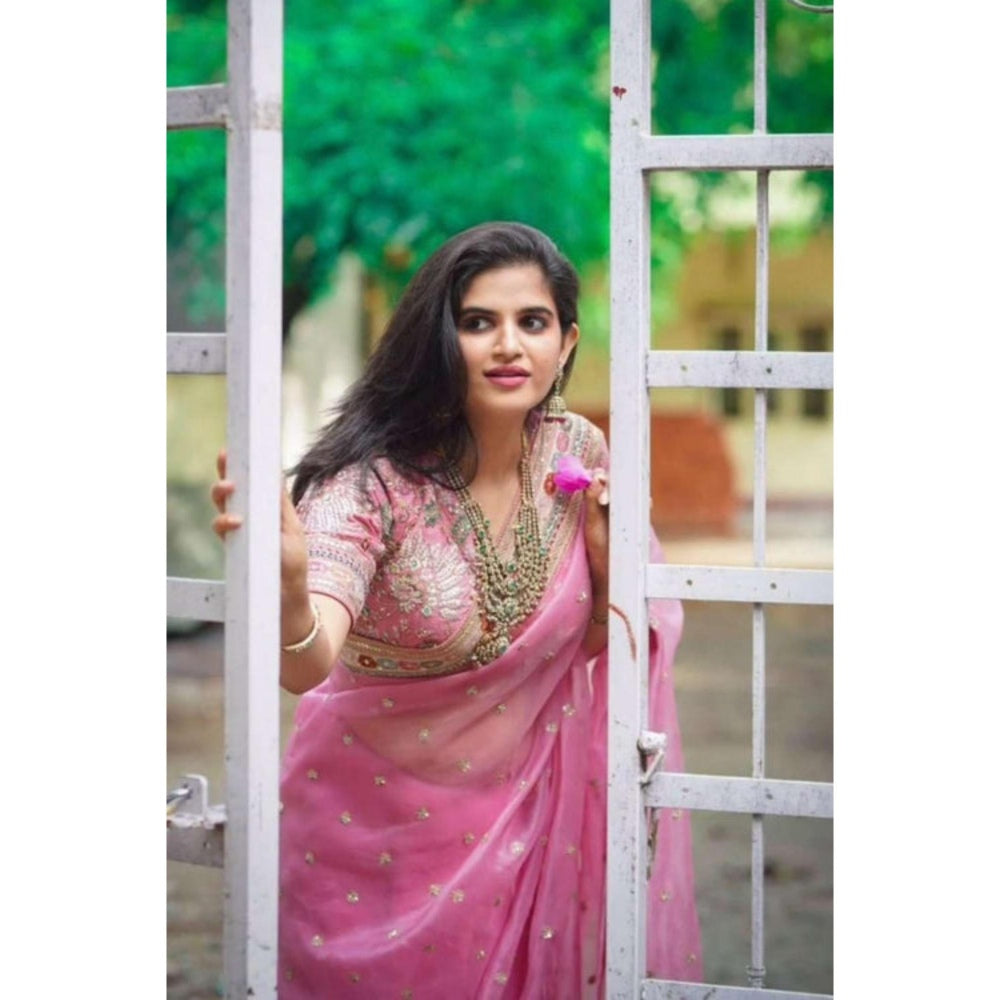 Isadora Life Womens Embroidered Sequined Pink Pre-Draped Saree With Unstitched Blouse