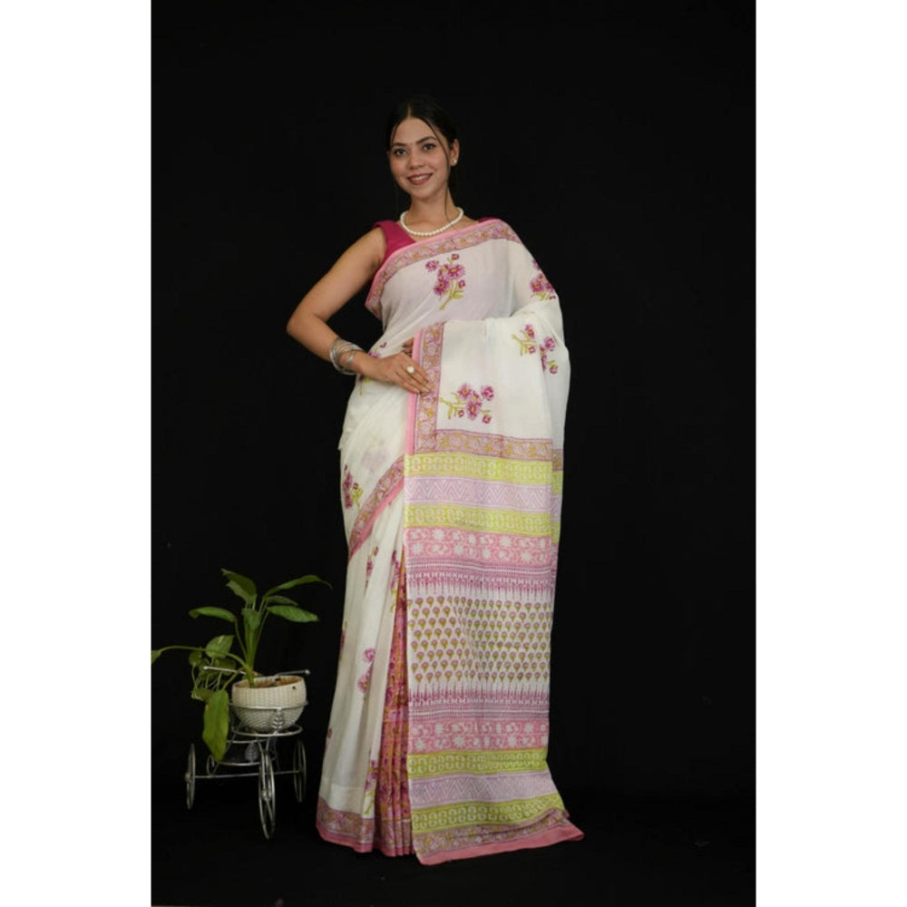 Isadora Life Womens Floral Hand Block White Pre-Draped Saree With Unstitched Blouse