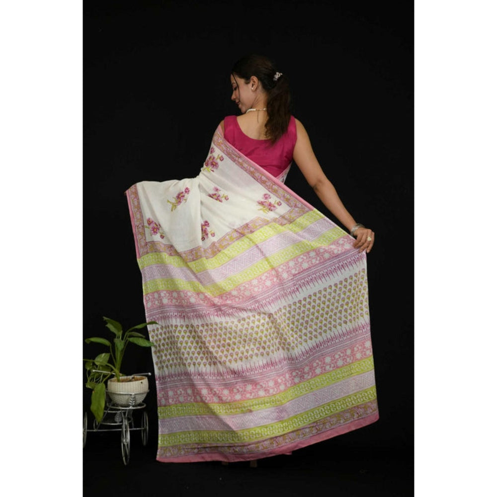 Isadora Life Womens Floral Hand Block White Pre-Draped Saree With Unstitched Blouse