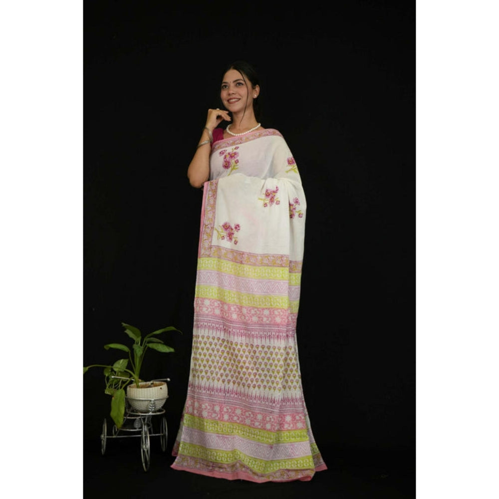 Isadora Life Womens Floral Hand Block White Pre-Draped Saree With Unstitched Blouse