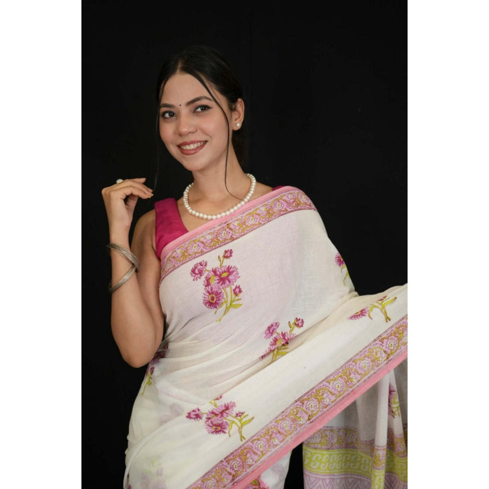 Isadora Life Womens Floral Hand Block White Pre-Draped Saree With Unstitched Blouse