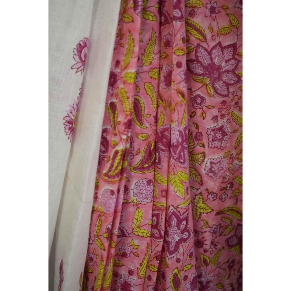 Isadora Life Womens Floral Hand Block White Pre-Draped Saree With Unstitched Blouse