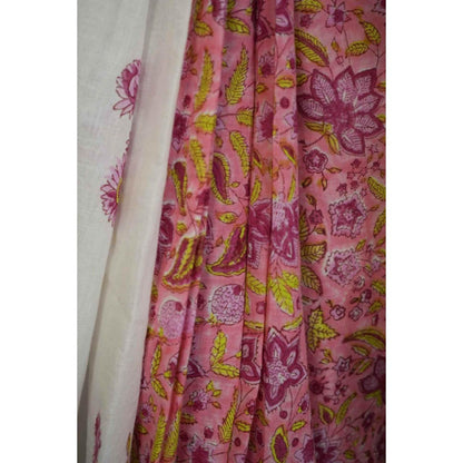 Isadora Life Womens Floral Hand Block White Pre-Draped Saree With Unstitched Blouse