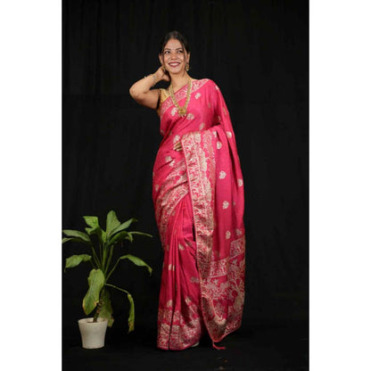 Isadora Life Womens Woven Zari Pink Pre-Draped Saree With Unstitched Blouse