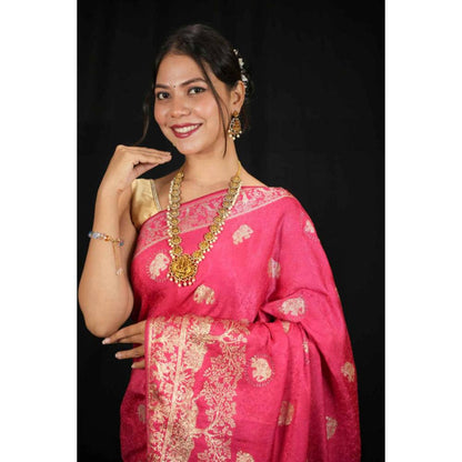 Isadora Life Womens Woven Zari Pink Pre-Draped Saree With Unstitched Blouse