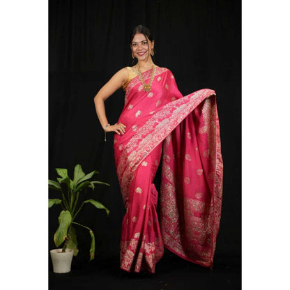 Isadora Life Womens Woven Zari Pink Pre-Draped Saree With Unstitched Blouse