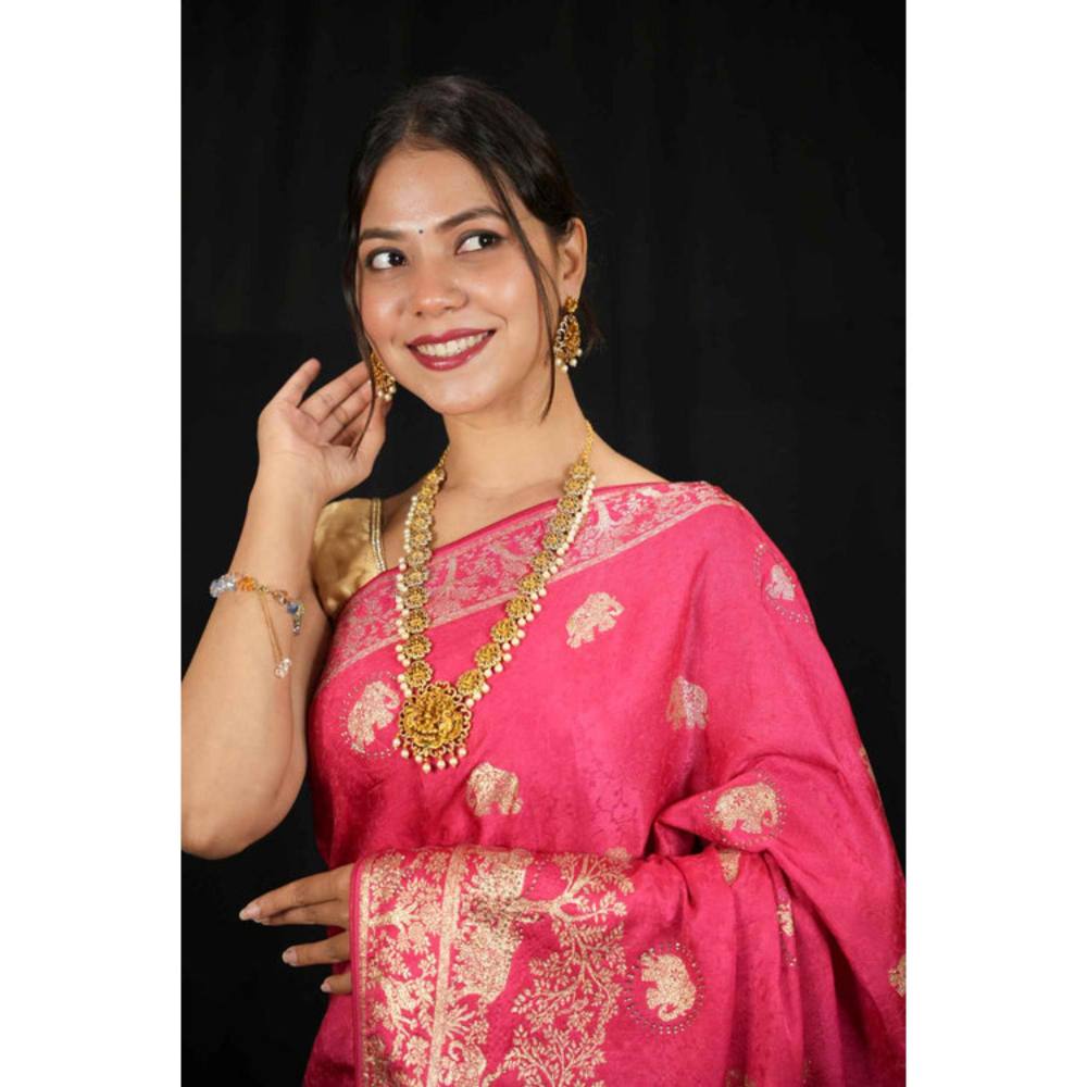 Isadora Life Womens Woven Zari Pink Pre-Draped Saree With Unstitched Blouse