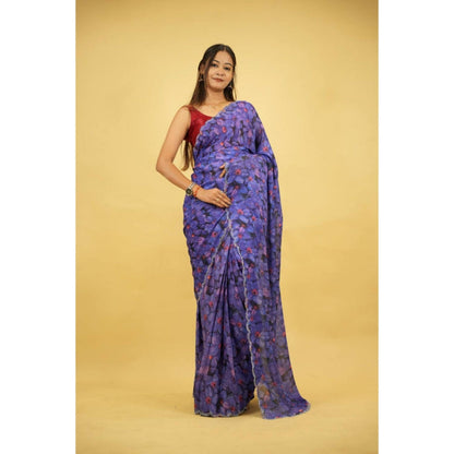 Isadora Life Womens Floral Printed Blue Pre-Draped Saree With Unstitched Blouse