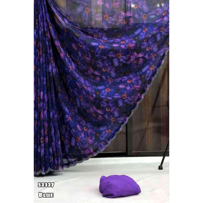 Isadora Life Womens Floral Printed Blue Pre-Draped Saree With Unstitched Blouse