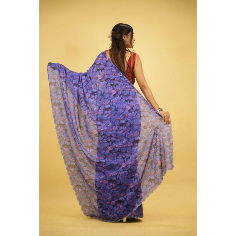 Isadora Life Womens Floral Printed Blue Pre-Draped Saree With Unstitched Blouse