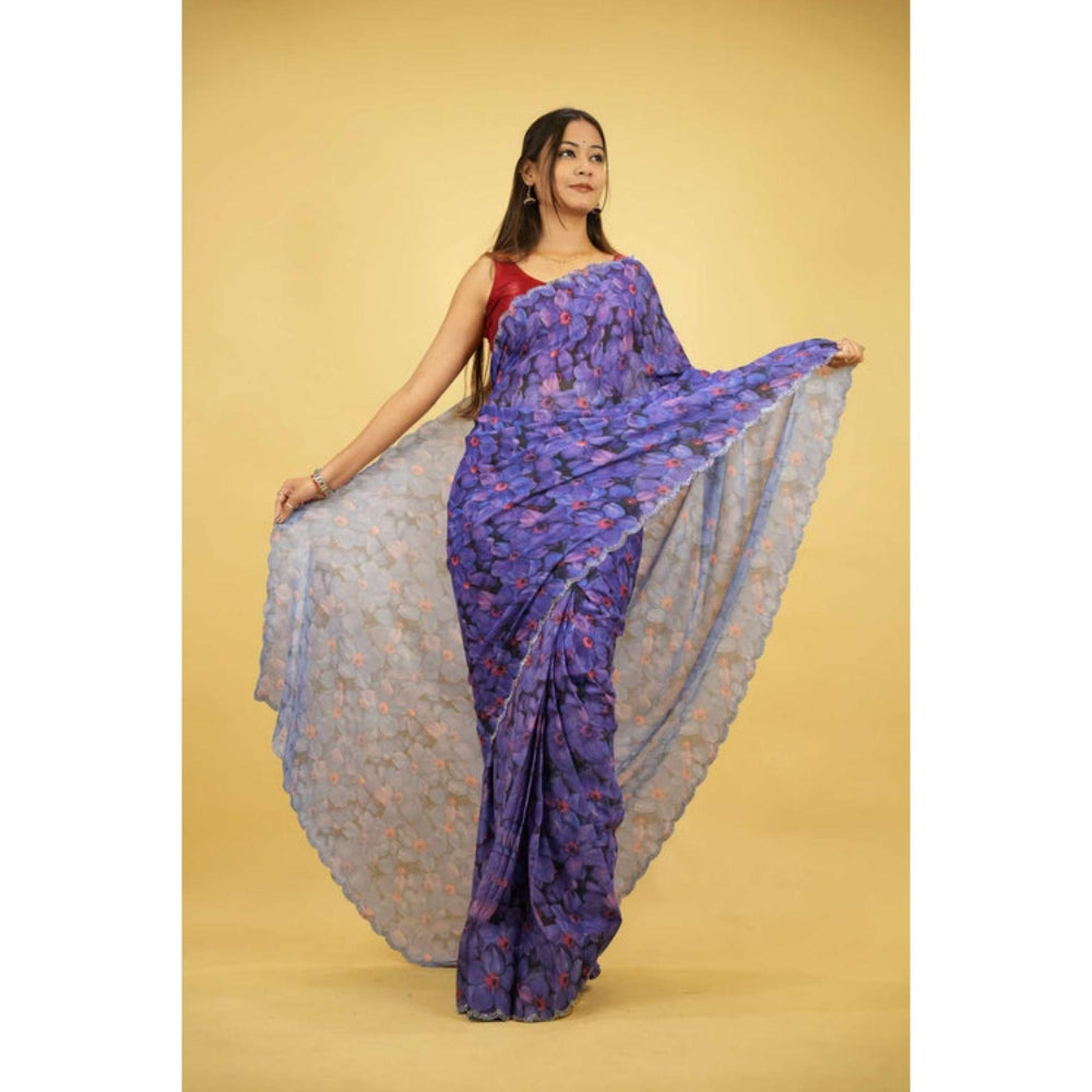 Isadora Life Womens Floral Printed Blue Pre-Draped Saree With Unstitched Blouse