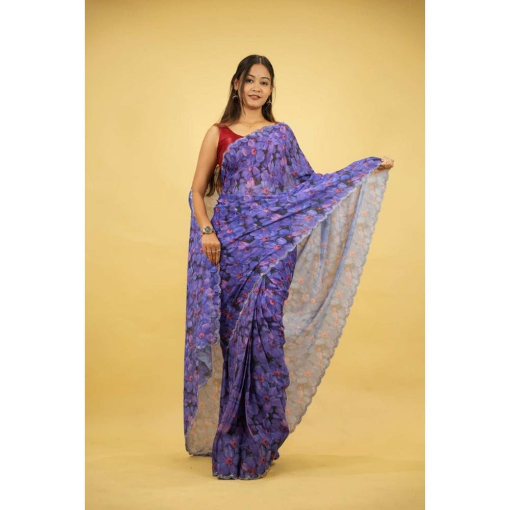 Isadora Life Womens Floral Printed Blue Pre-Draped Saree With Unstitched Blouse
