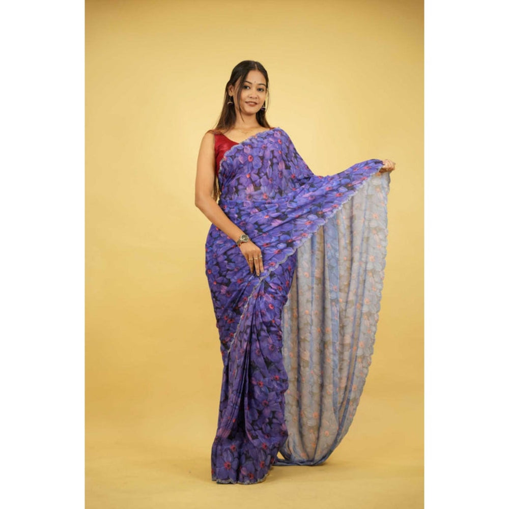 Isadora Life Womens Floral Printed Blue Pre-Draped Saree With Unstitched Blouse