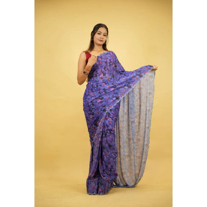 Isadora Life Womens Floral Printed Blue Pre-Draped Saree With Unstitched Blouse