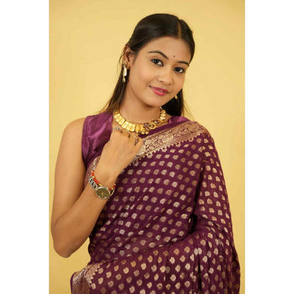 Isadora Life Womens Woven Zari Purple Pre-Draped Saree With Unstitched Blouse