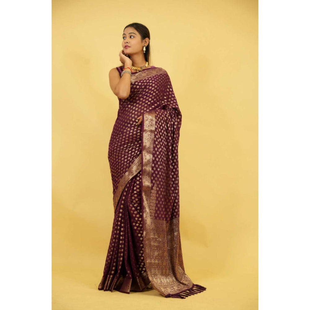 Isadora Life Womens Woven Zari Purple Pre-Draped Saree With Unstitched Blouse