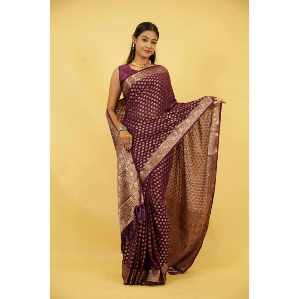 Isadora Life Womens Woven Zari Purple Pre-Draped Saree With Unstitched Blouse
