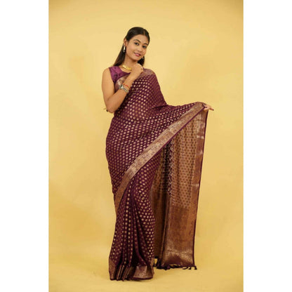 Isadora Life Womens Woven Zari Purple Pre-Draped Saree With Unstitched Blouse