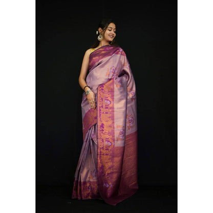 Isadora Life Womens Floral Printed Purple Pre-Draped Saree With Unstitched Blouse