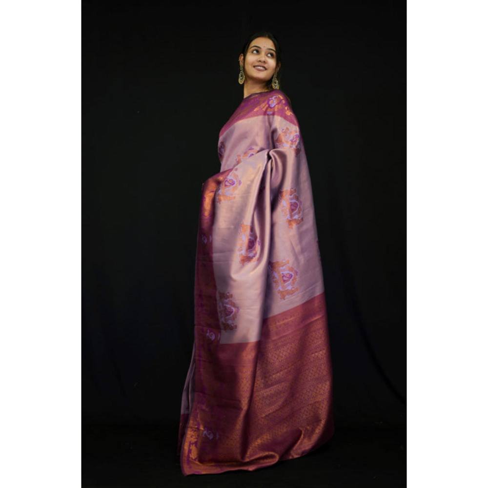 Isadora Life Womens Floral Printed Purple Pre-Draped Saree With Unstitched Blouse