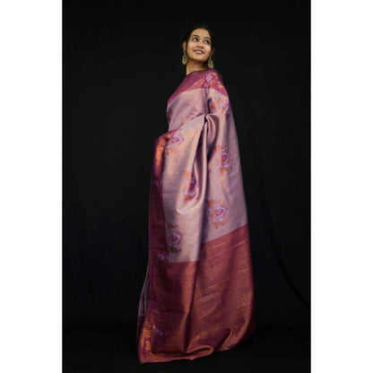 Isadora Life Womens Floral Printed Purple Pre-Draped Saree With Unstitched Blouse
