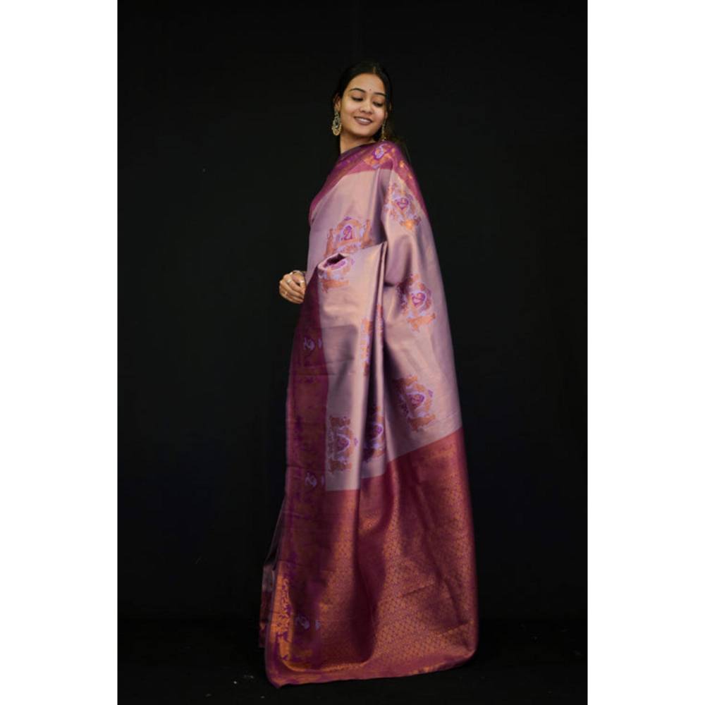 Isadora Life Womens Floral Printed Purple Pre-Draped Saree With Unstitched Blouse