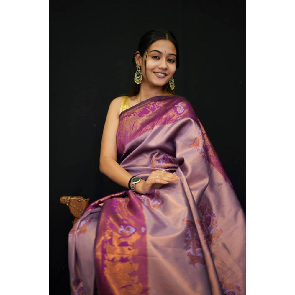 Isadora Life Womens Floral Printed Purple Pre-Draped Saree With Unstitched Blouse