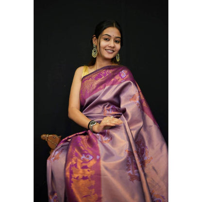 Isadora Life Womens Floral Printed Purple Pre-Draped Saree With Unstitched Blouse