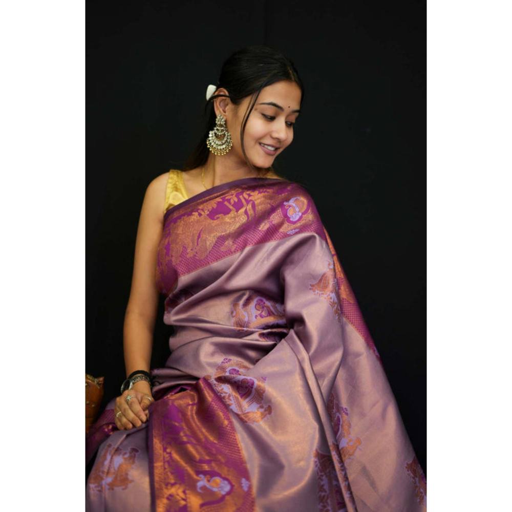 Isadora Life Womens Floral Printed Purple Pre-Draped Saree With Unstitched Blouse