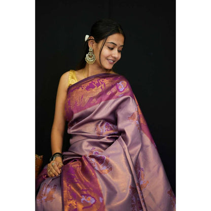 Isadora Life Womens Floral Printed Purple Pre-Draped Saree With Unstitched Blouse