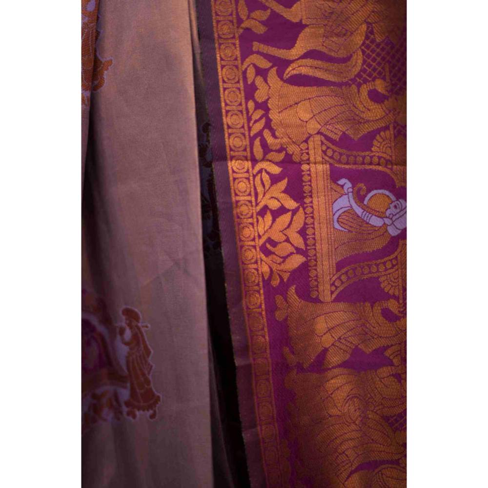Isadora Life Womens Floral Printed Purple Pre-Draped Saree With Unstitched Blouse