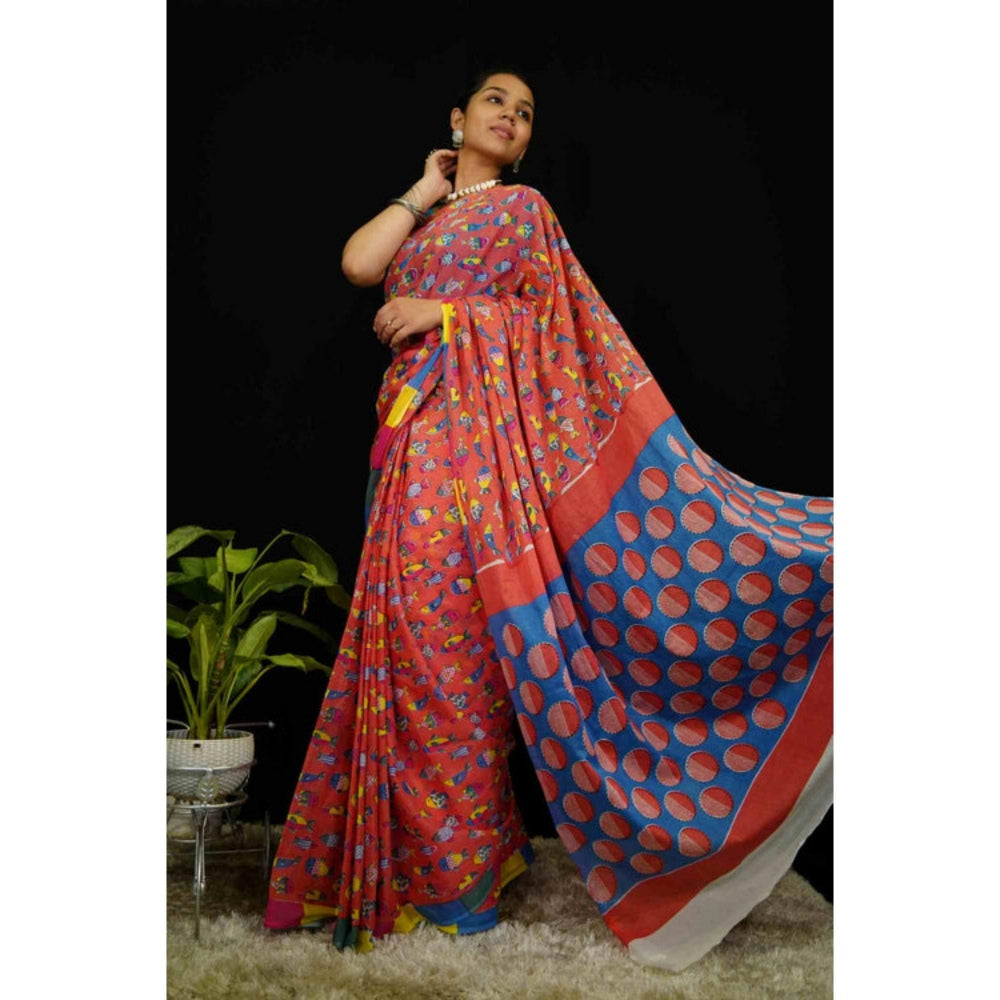 Isadora Life Womens Block Print Red Pre-Draped Saree With Unstitched Blouse