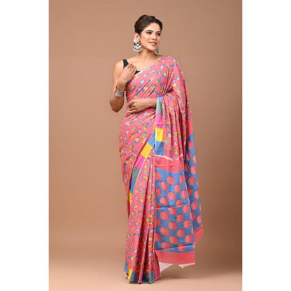 Isadora Life Womens Block Print Red Pre-Draped Saree With Unstitched Blouse