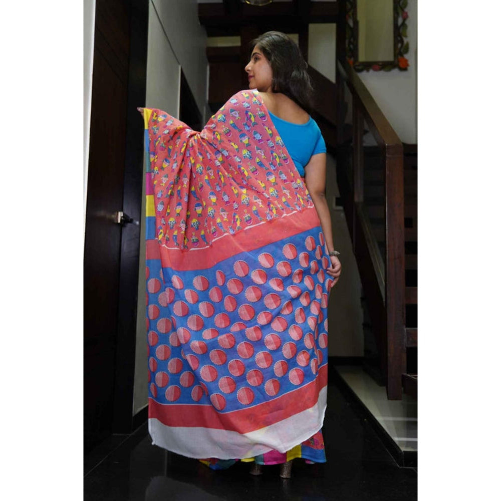 Isadora Life Womens Block Print Red Pre-Draped Saree With Unstitched Blouse