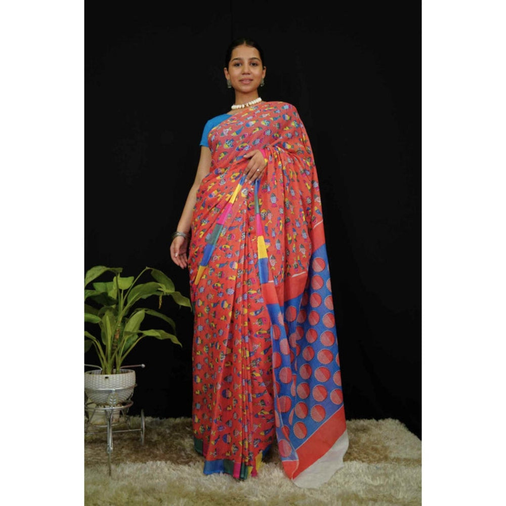 Isadora Life Womens Block Print Red Pre-Draped Saree With Unstitched Blouse