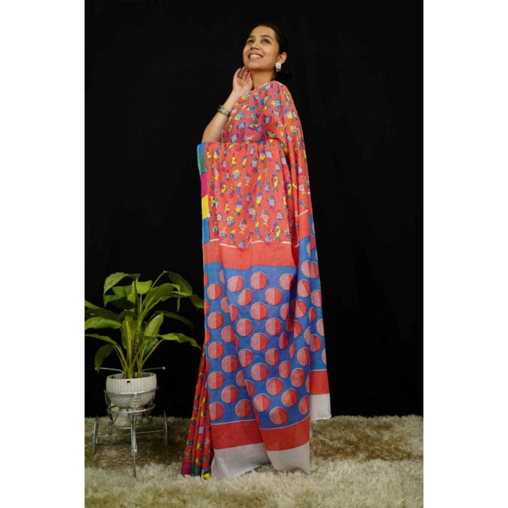 Isadora Life Womens Block Print Red Pre-Draped Saree With Unstitched Blouse