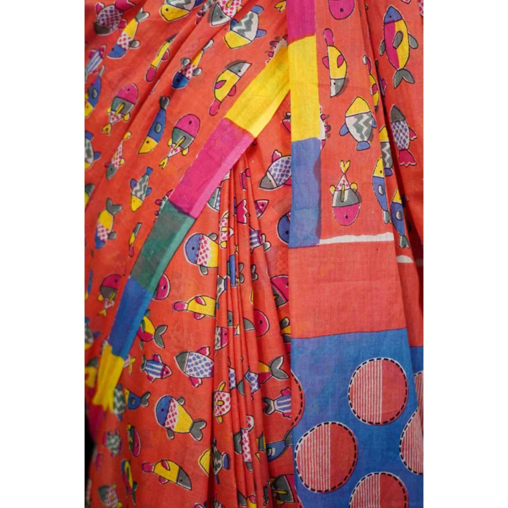 Isadora Life Womens Block Print Red Pre-Draped Saree With Unstitched Blouse