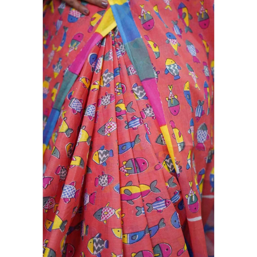 Isadora Life Womens Block Print Red Pre-Draped Saree With Unstitched Blouse