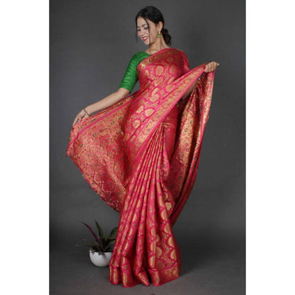 Isadora Life Womens Woven Zari Pink Pre-Draped Saree With Unstitched Blouse
