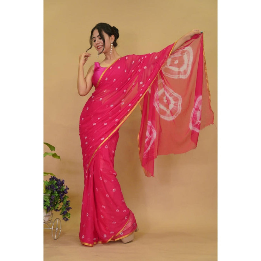 Isadora Life Womens Bandhani Printed Pink Pre-Draped Saree With Unstitched Blouse