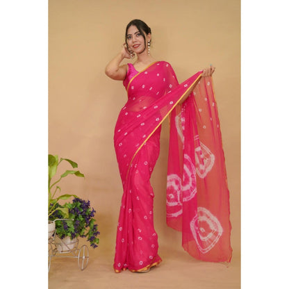 Isadora Life Womens Bandhani Printed Pink Pre-Draped Saree With Unstitched Blouse