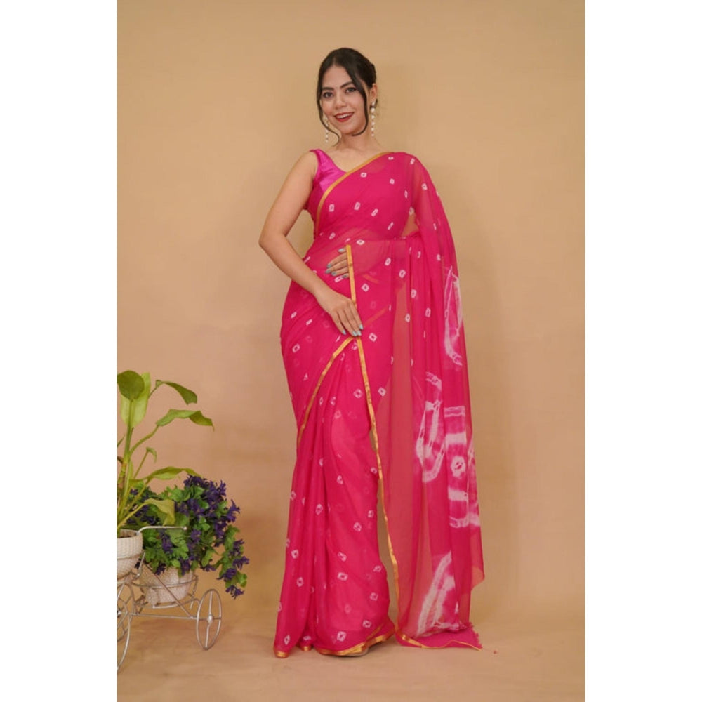 Isadora Life Womens Bandhani Printed Pink Pre-Draped Saree With Unstitched Blouse