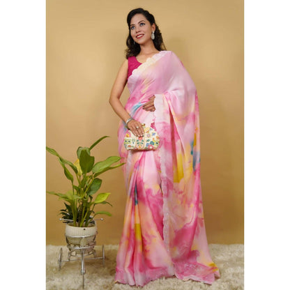 Isadora Life Womens Tie & Dye Sequined Pink Pre-Draped Saree With Unstitched Blouse