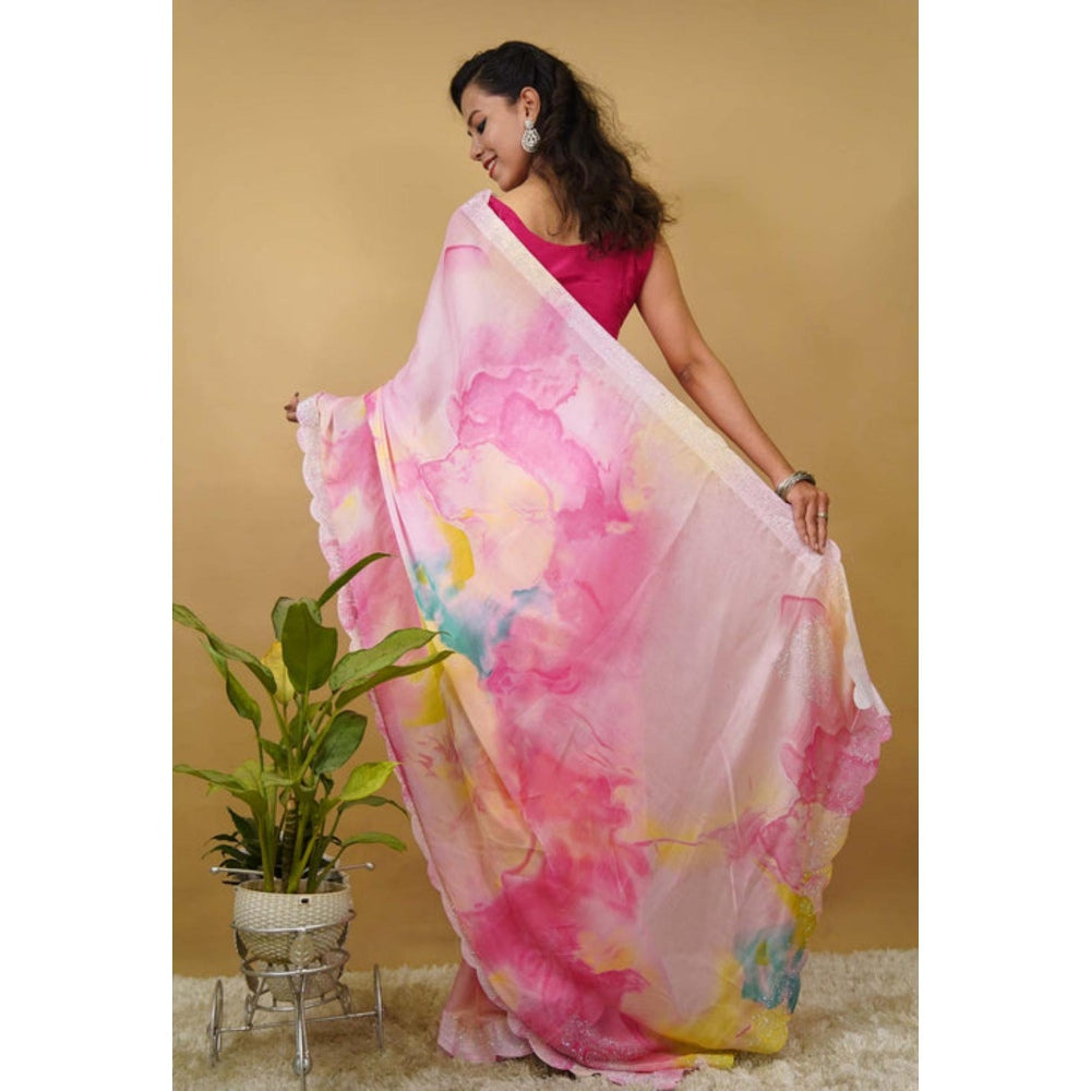 Isadora Life Womens Tie & Dye Sequined Pink Pre-Draped Saree With Unstitched Blouse