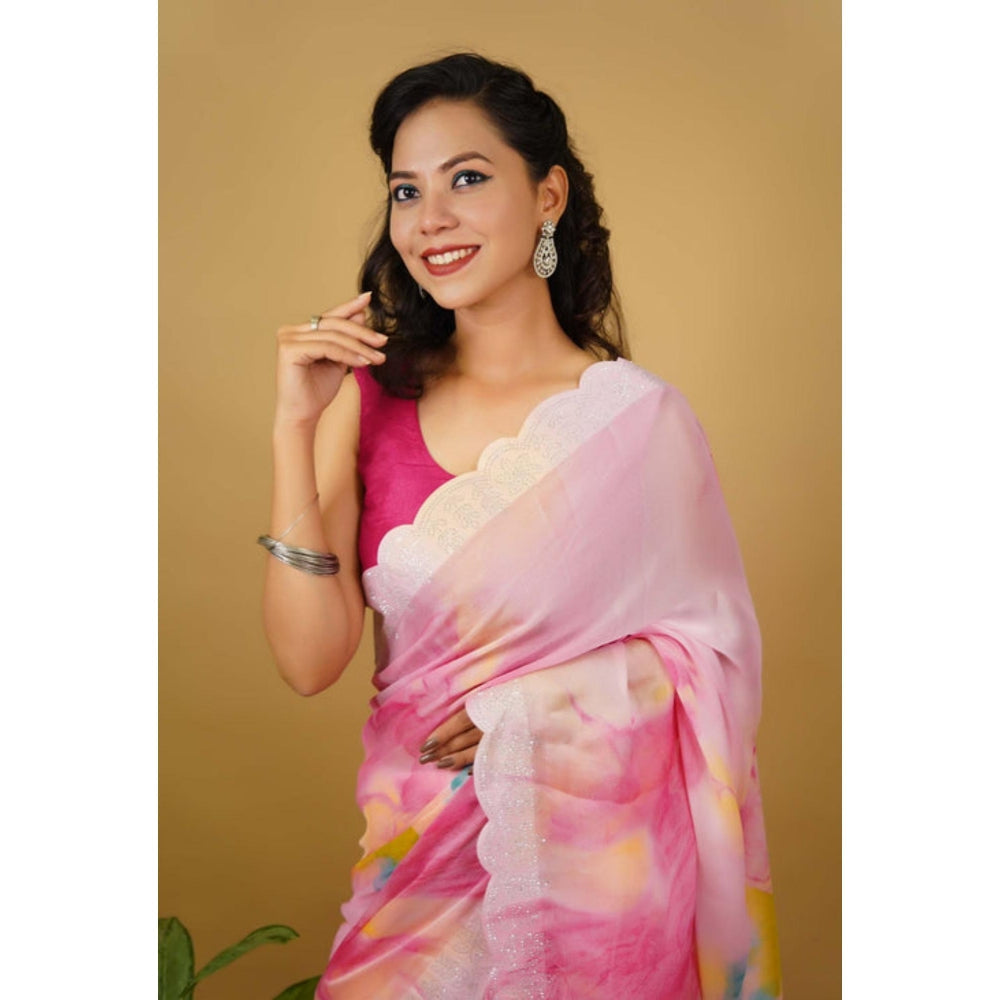 Isadora Life Womens Tie & Dye Sequined Pink Pre-Draped Saree With Unstitched Blouse