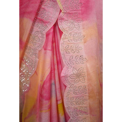Isadora Life Womens Tie & Dye Sequined Pink Pre-Draped Saree With Unstitched Blouse
