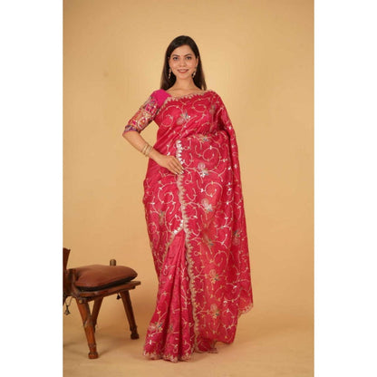 Isadora Life Womens Embroidered Sequined Pink Pre-Draped Saree With Unstitched Blouse