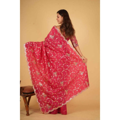 Isadora Life Womens Embroidered Sequined Pink Pre-Draped Saree With Unstitched Blouse